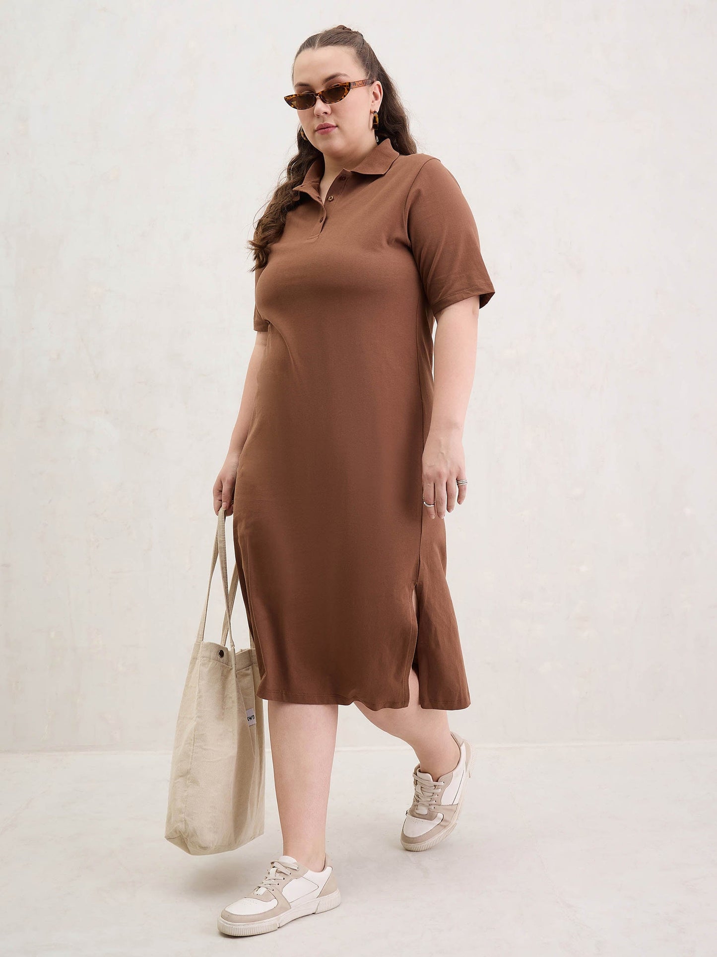 Women Brown Polo Neck Side Slit Midi Dress