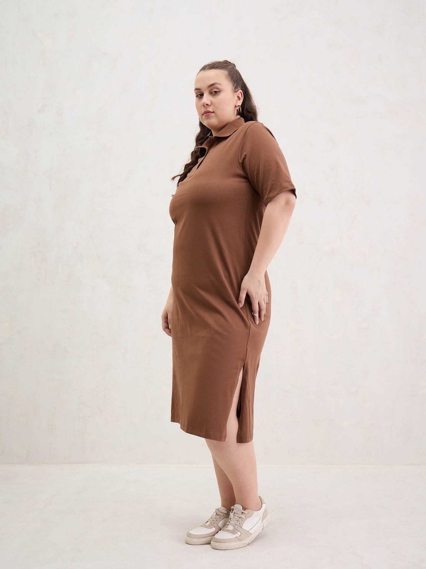 Women Brown Polo Neck Side Slit Midi Dress
