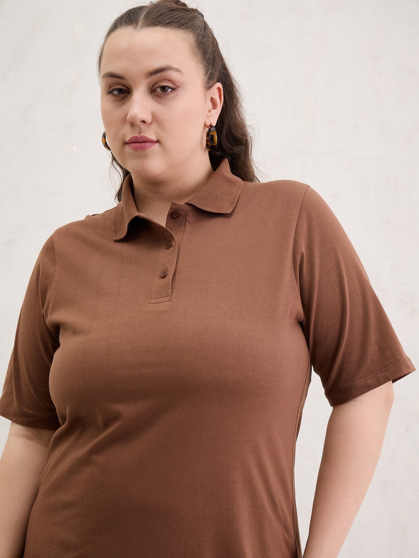 Women Brown Polo Neck Side Slit Midi Dress