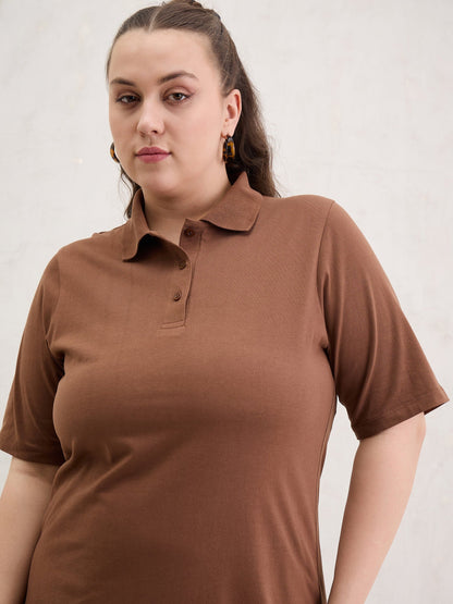 Women Brown Polo Neck Side Slit Midi Dress