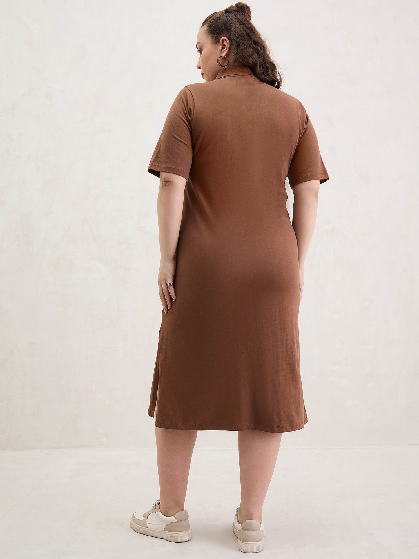 Women Brown Polo Neck Side Slit Midi Dress