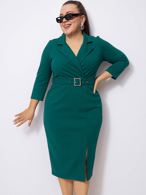 Green Notch Collar Belted Dress