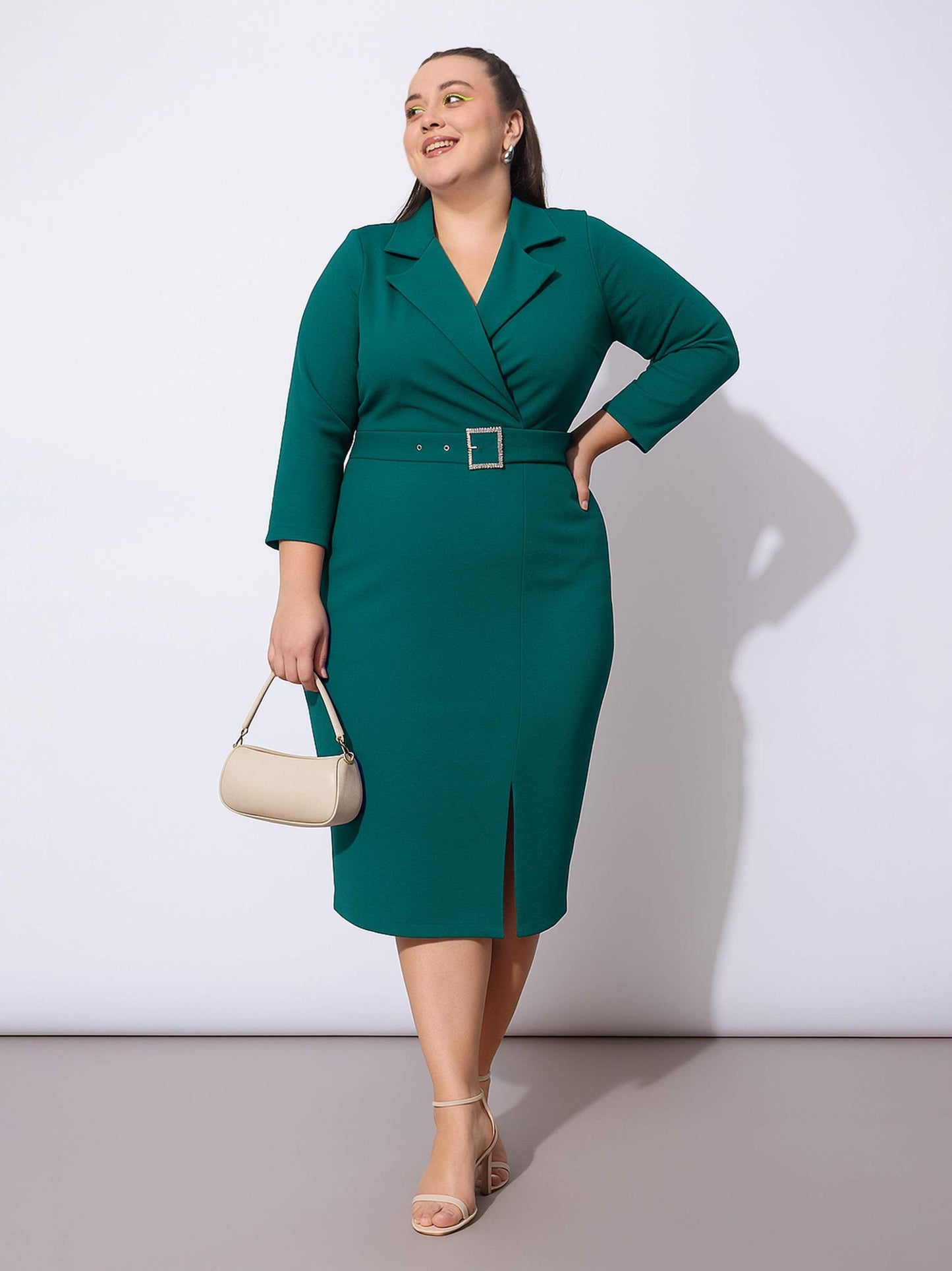 Green Notch Collar Belted Dress