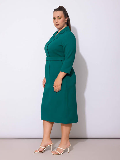 Green Notch Collar Belted Dress
