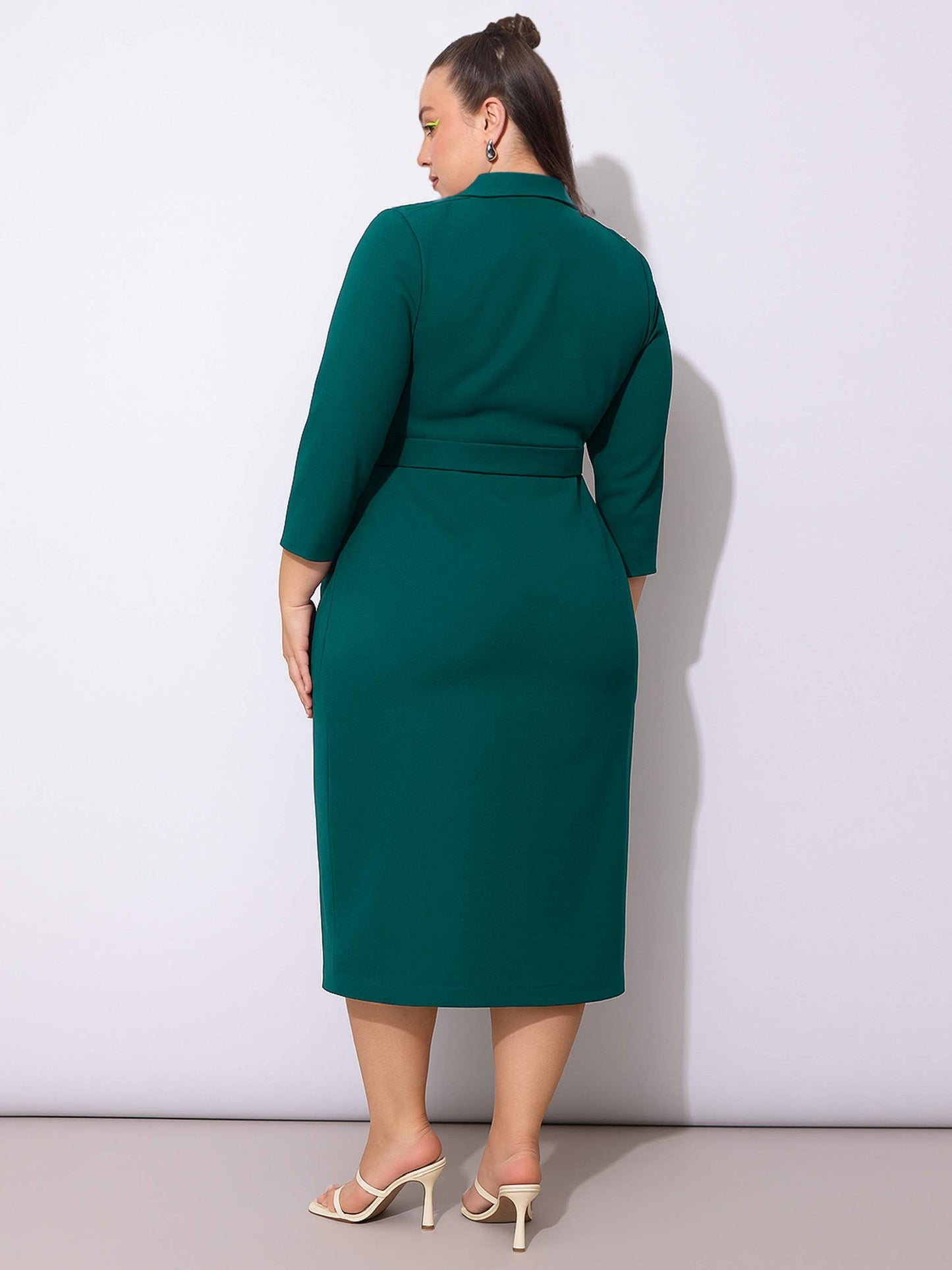 Green Notch Collar Belted Dress