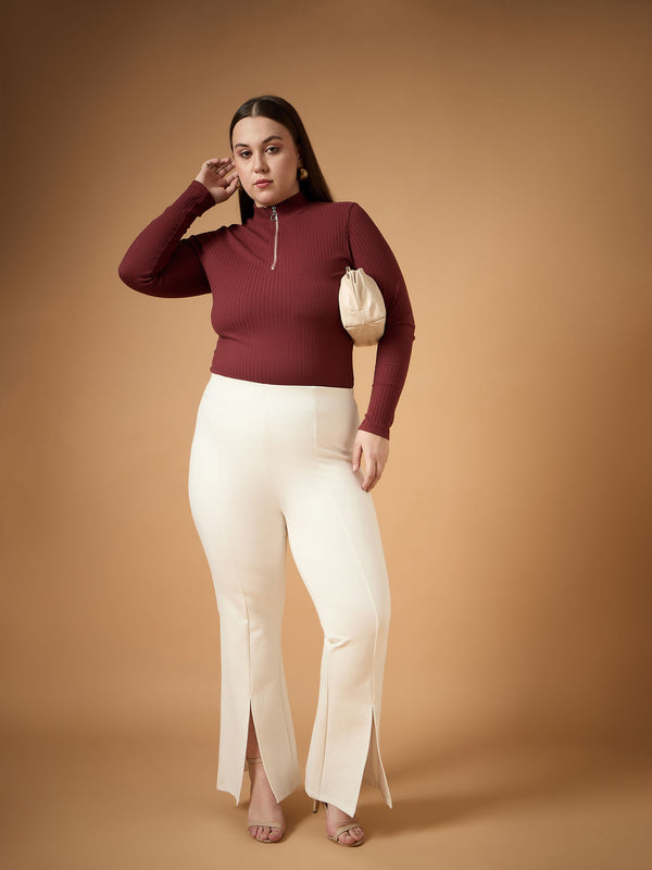 Women White Front Slit Detail Bell Bottom Pants