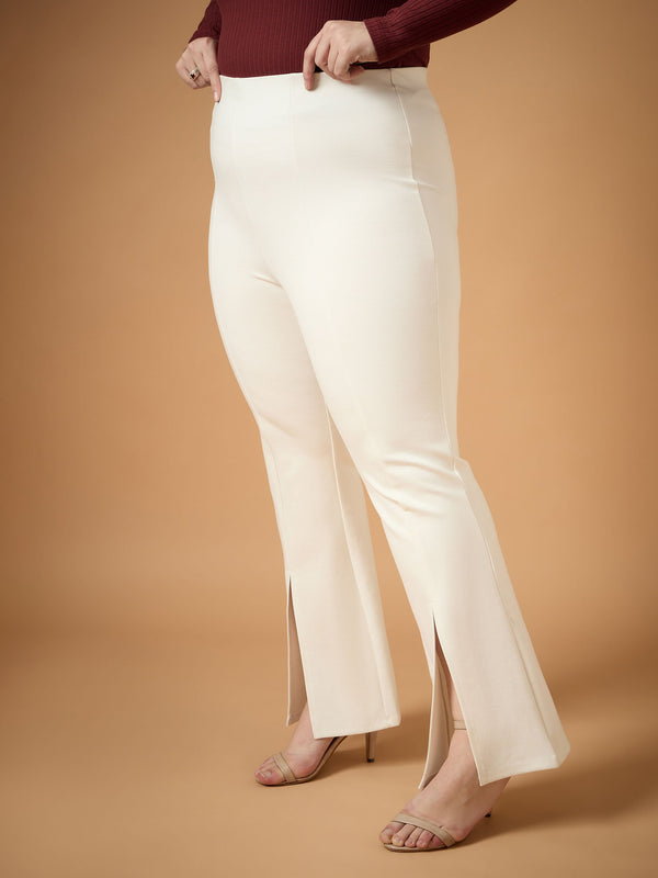 Women White Front Slit Detail Bell Bottom Pants
