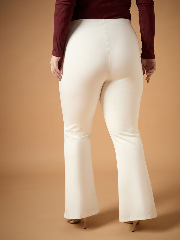 Women White Front Slit Detail Bell Bottom Pants
