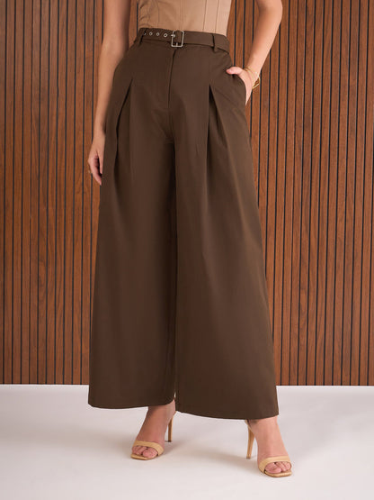 Women Dark Brown High Rise Flared Pants