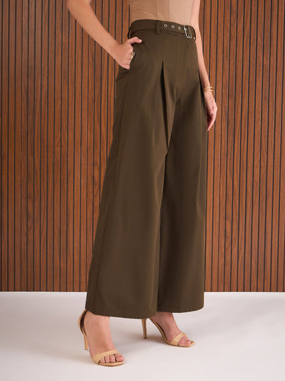 Women Dark Brown High Rise Flared Pants