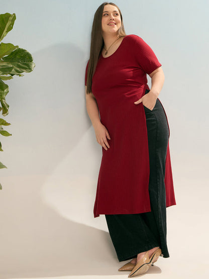 Women Maroon Rib Round Neck Long Line Top