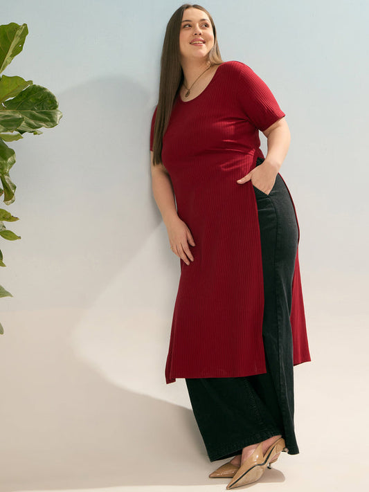 Women Maroon Rib Round Neck Long Line Top