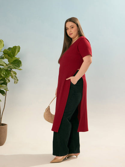 Women Maroon Rib Round Neck Long Line Top