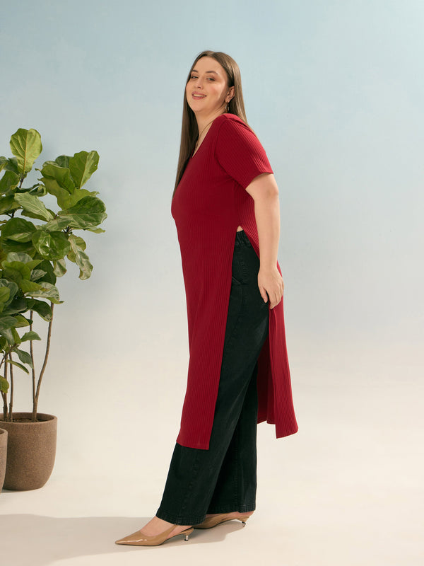 Women Maroon Rib Round Neck Long Line Top