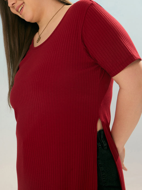 Women Maroon Rib Round Neck Long Line Top