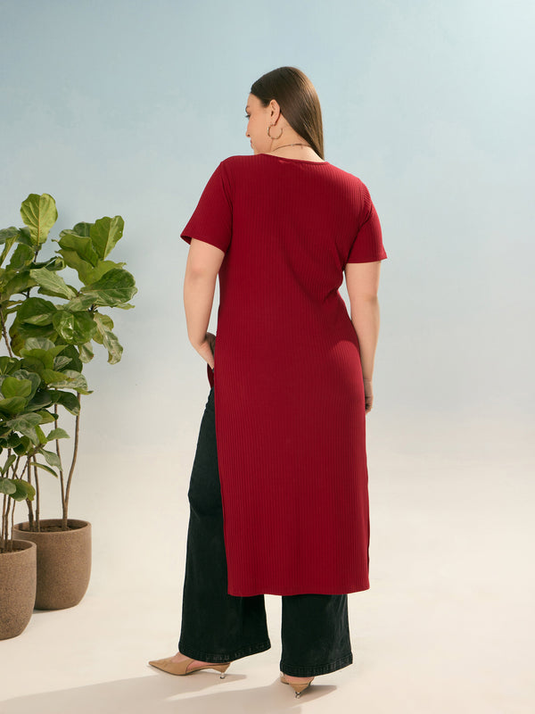 Women Maroon Rib Round Neck Long Line Top