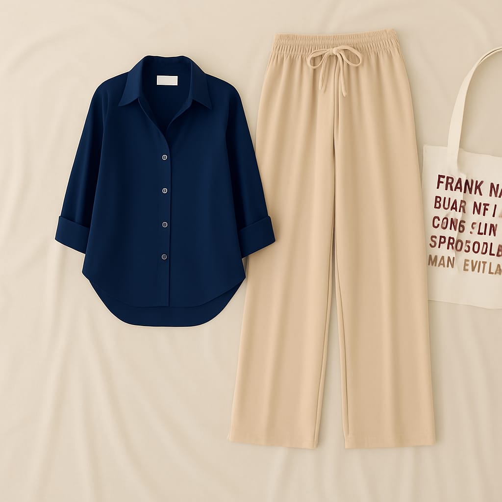 Navy Blue Shirt & Beige Pant Set