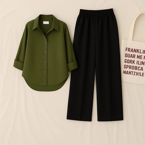 Olive Shirt & Black Pant Set