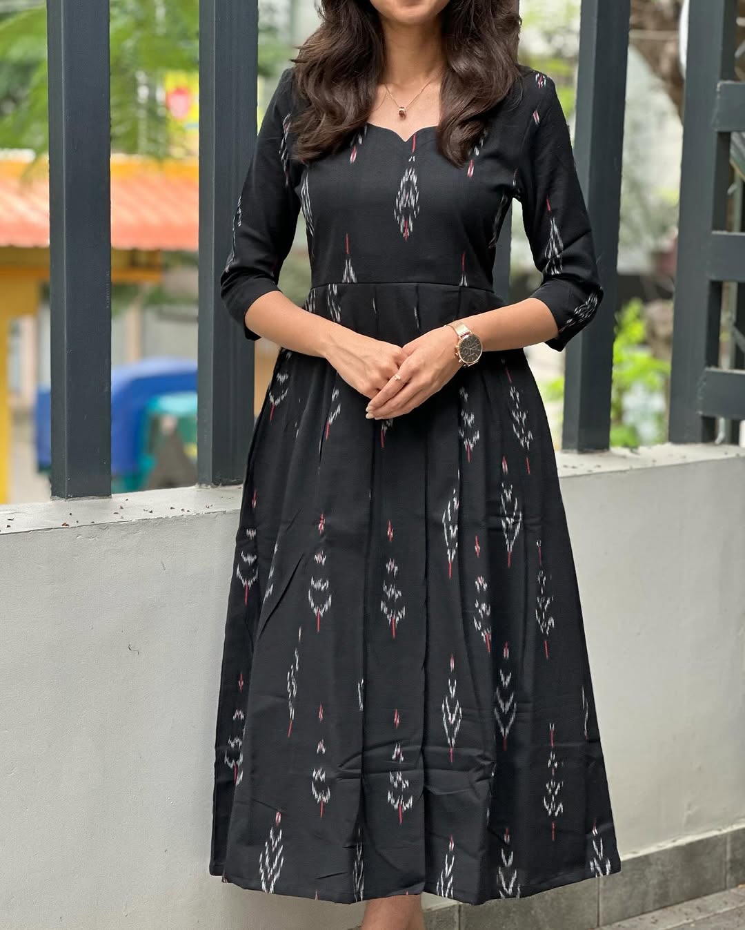 Elegant Black Ikkat Cotton Maxi Dress for Women