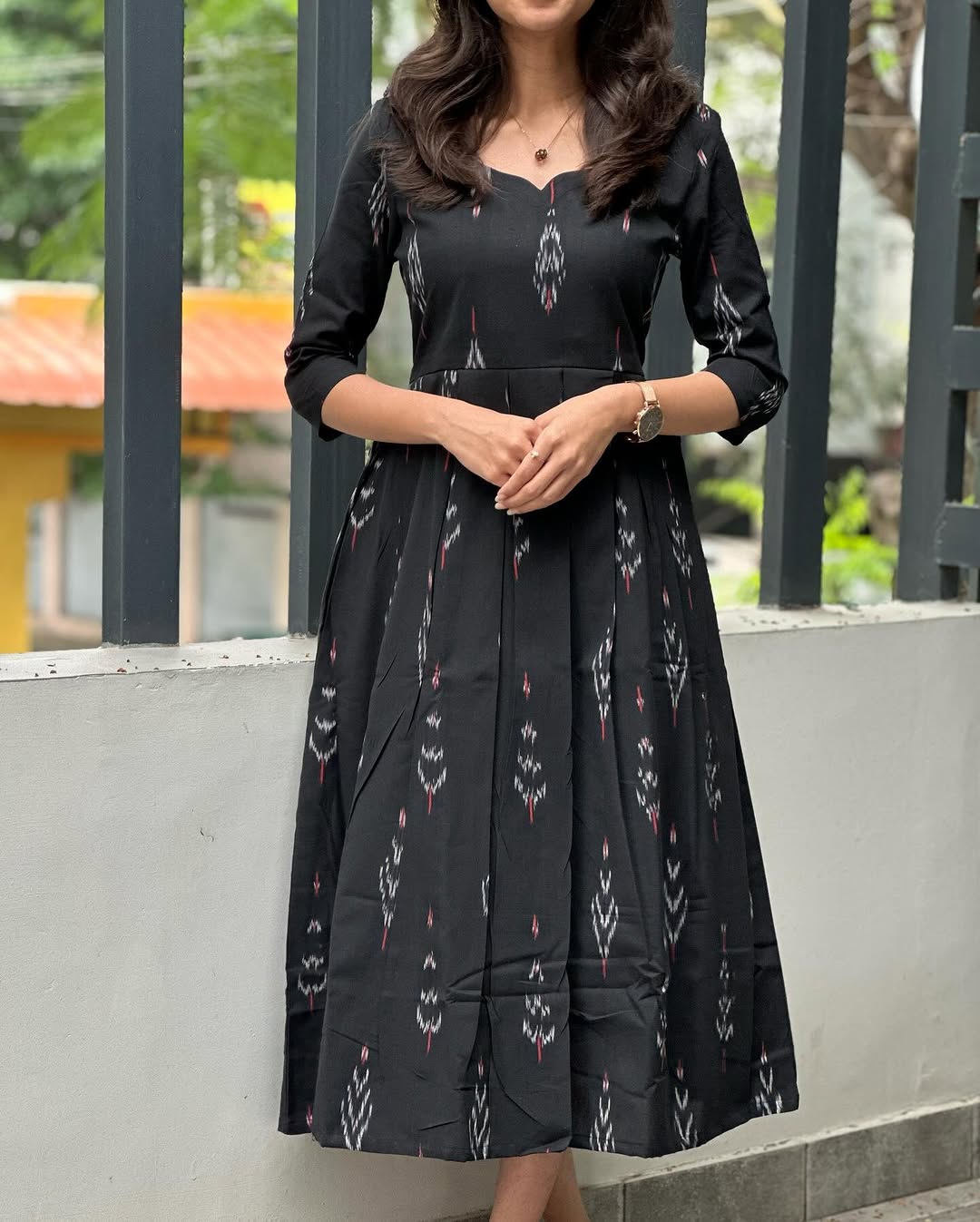 Elegant Black Ikkat Cotton Maxi Dress for Women