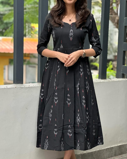 Elegant Black Ikkat Cotton Maxi Dress for Women