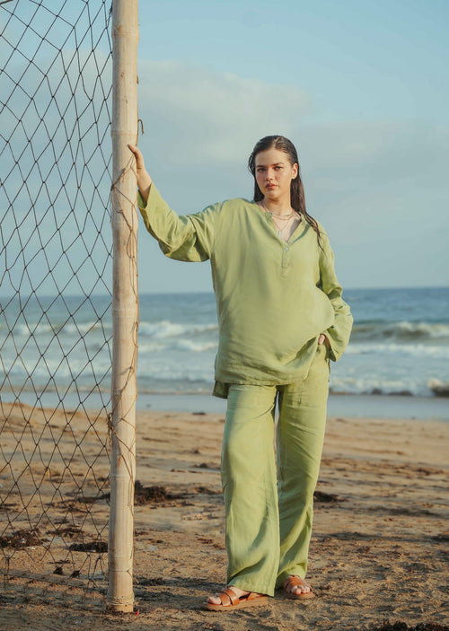 Linen Blend Mandarin Collar Set